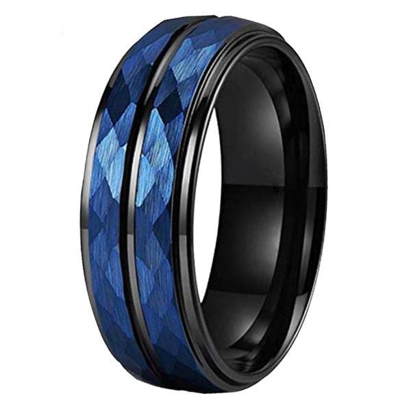 Tungsten Blue Diamond Grooved Wedding Ring