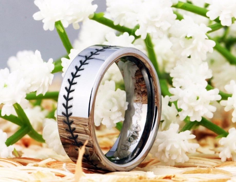 Tungsten Black and Silver Baseball Ring