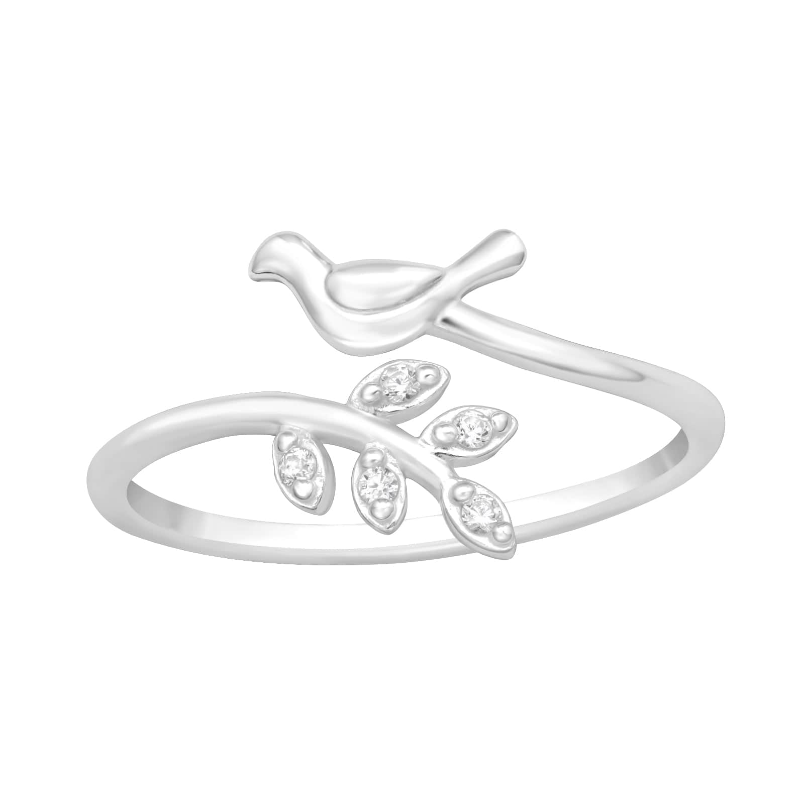 Silver Bird and Leaf Cubic Zirconia Ring