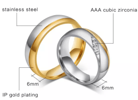 Steel Gold Two Tone CZ Wedding Engagement Ring for Couple