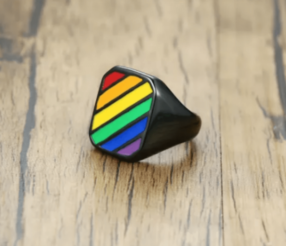 Steel Signet Ring Rainbow Striped