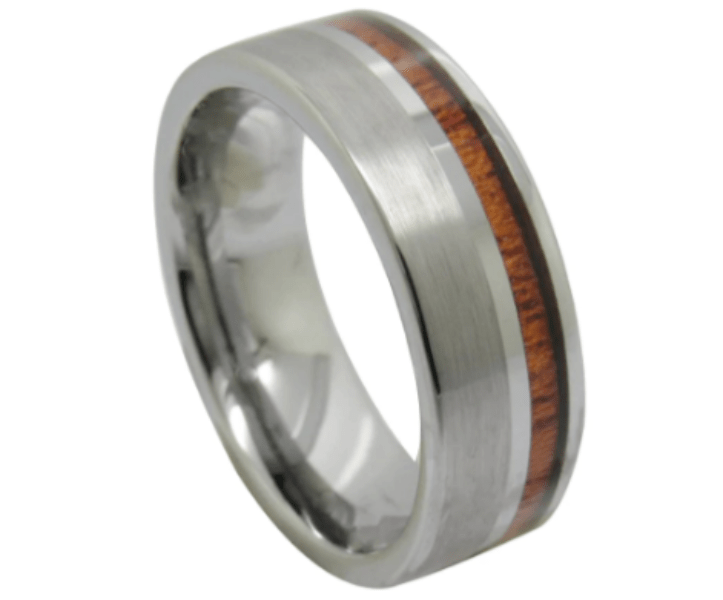 Silver Wood Inlay Tungsten Ring