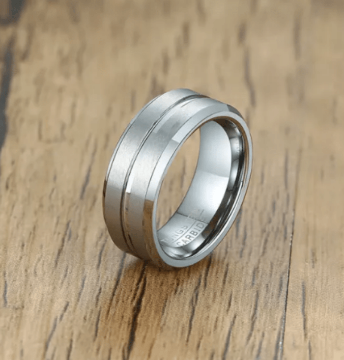 Silver Grooved Tungsten Ring