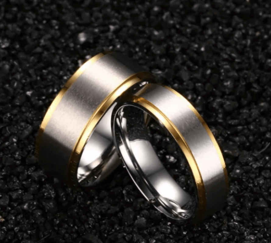 Steel Gold Edge Bushed Center Wedding Engagement Ring for Couple