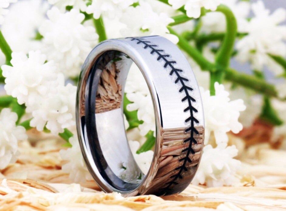 Tungsten Black and Silver Baseball Ring