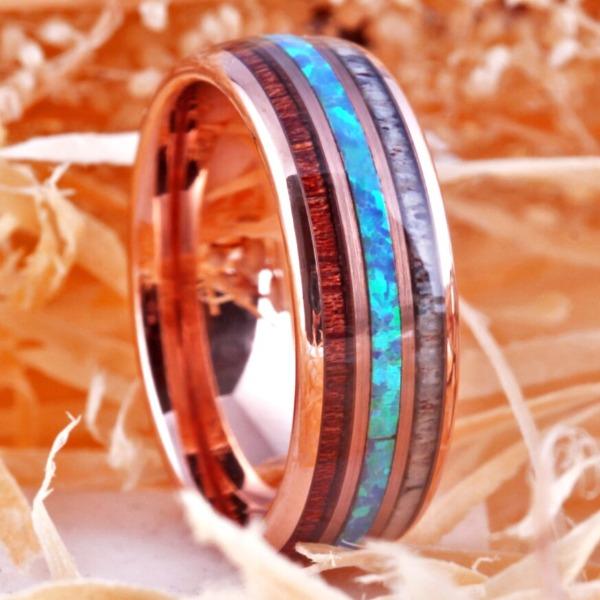 Fire Opal and Wood Wedding Ring