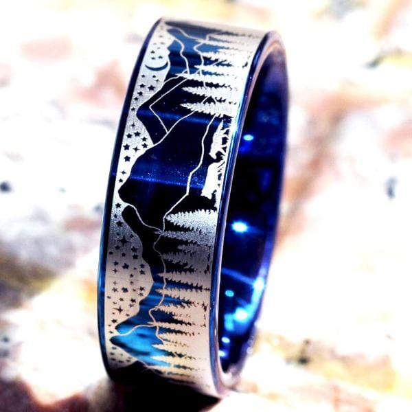 Tungsten Blue Detailed Wolf Ring