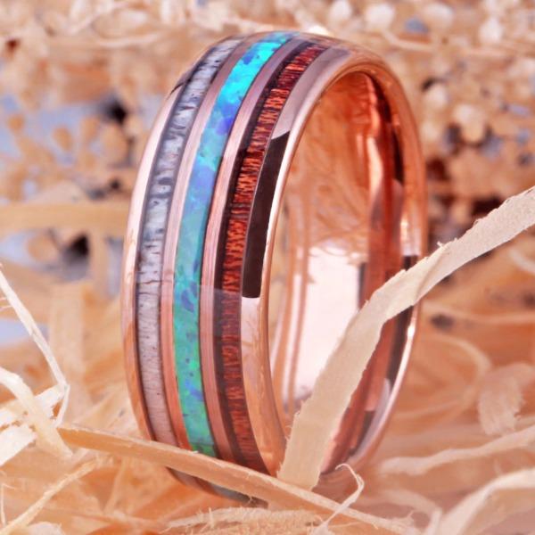 Tungsten Fire Opal Wood  Ring for Wedding & Engagement