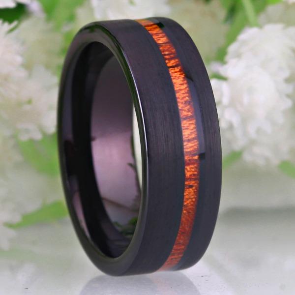 Tungsten Black Ring With Wood Inlay