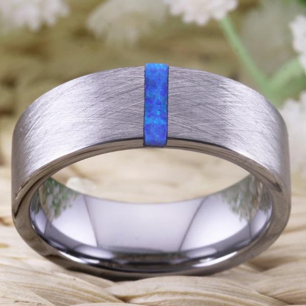 Tungsten Silver Opal Stone Wedding Ring