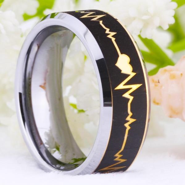 Mens Tungsten Gold and Black Heartbeat Ring