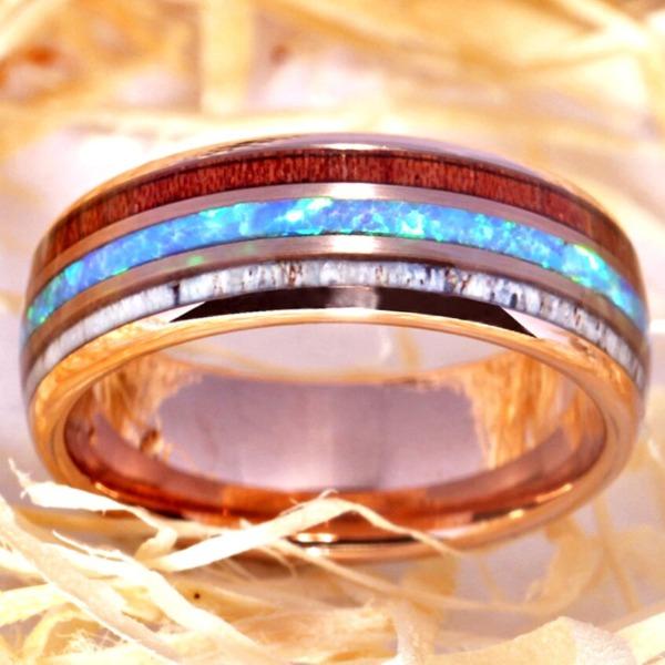 Tungsten Fire Opal Wood  Ring for Wedding & Engagement