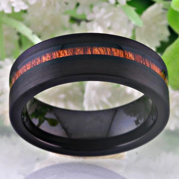 Tungsten Black Ring With Wood Inlay