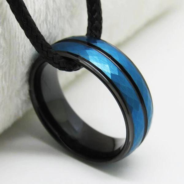 Tungsten Blue Diamond Grooved Wedding Ring