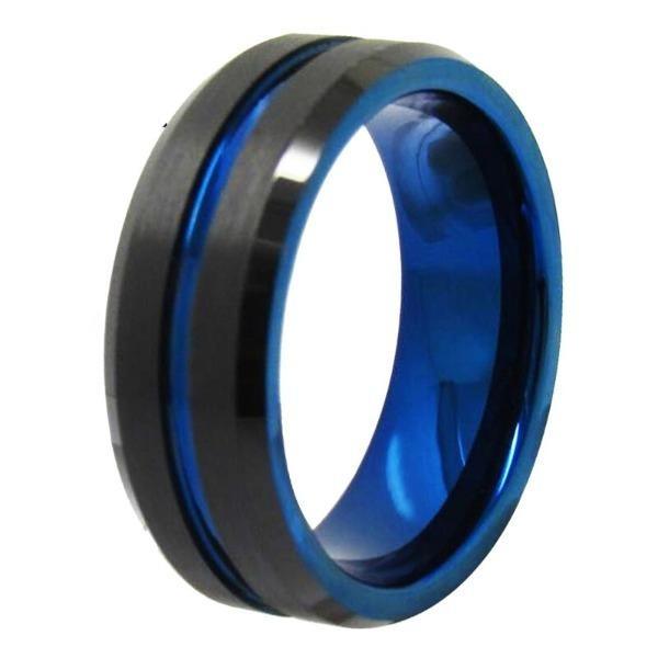 Tungsten Electric Blue and Black Couple Wedding Engagement Ring