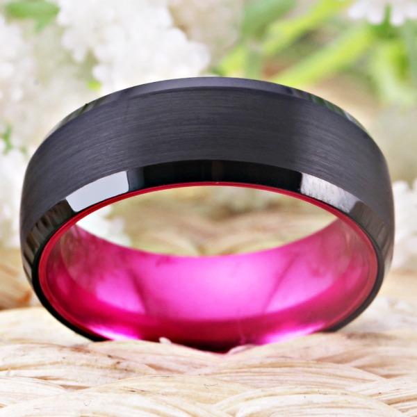 Tungsten Black and Pink Wedding Ring