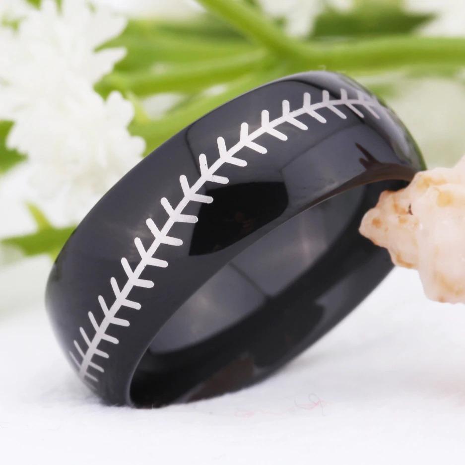 Tungsten Silver and Black Baseball Ring