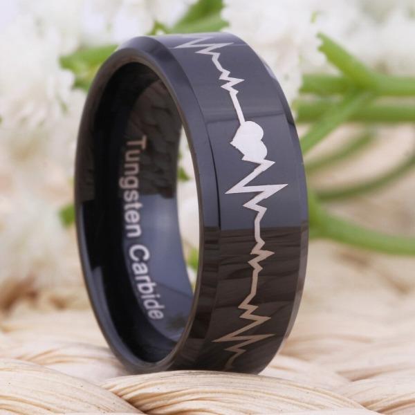 Tungsten 8mm Heartbeat Wedding Rings