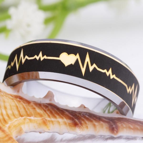 Mens Tungsten Gold and Black Heartbeat Ring