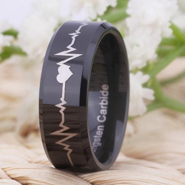 Tungsten 8mm Heartbeat Wedding Rings