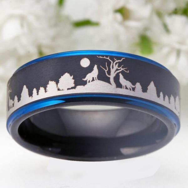 Tungsten Black with Blue Forest Wolves Ring