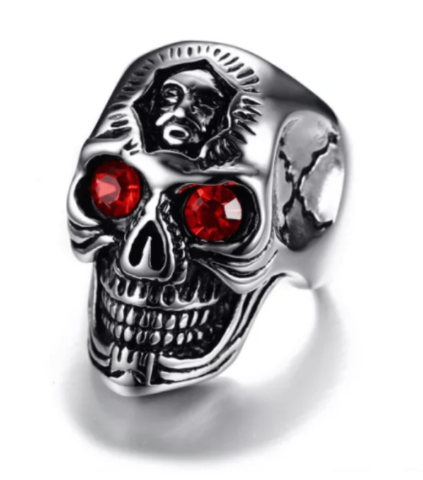 Ruby Red and Silver Mens Skull Ring