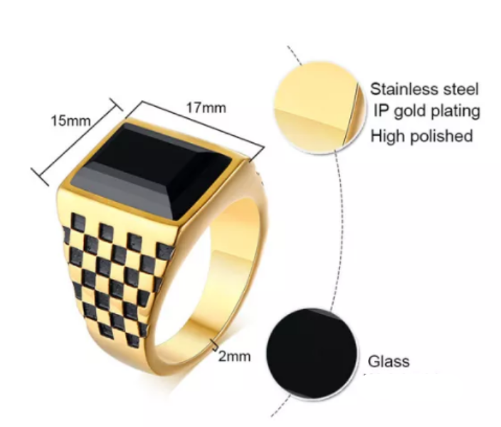 Checkerboard Black And Gold Gemstone Mens Ring