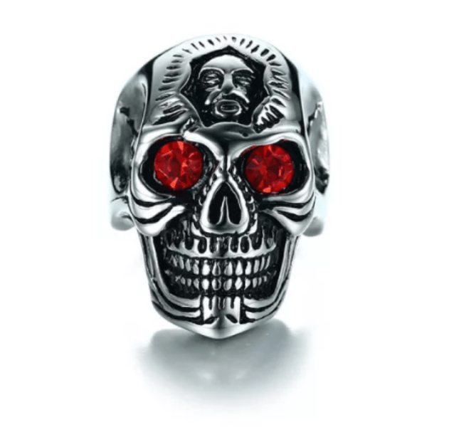 Ruby Red and Silver Mens Skull Ring