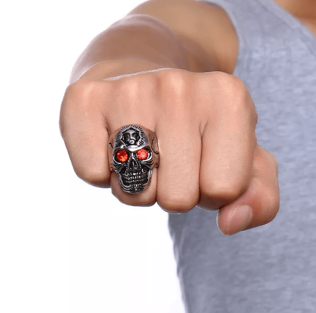 Ruby Red and Silver Mens Skull Ring