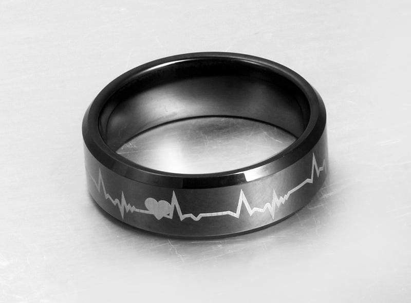 Black Mens Electrocardiogram Tungsten Ring