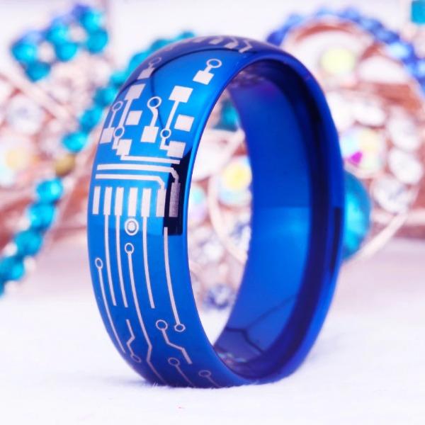 Blue Tungsten Circuit Board Couple Wedding Engagement Ring