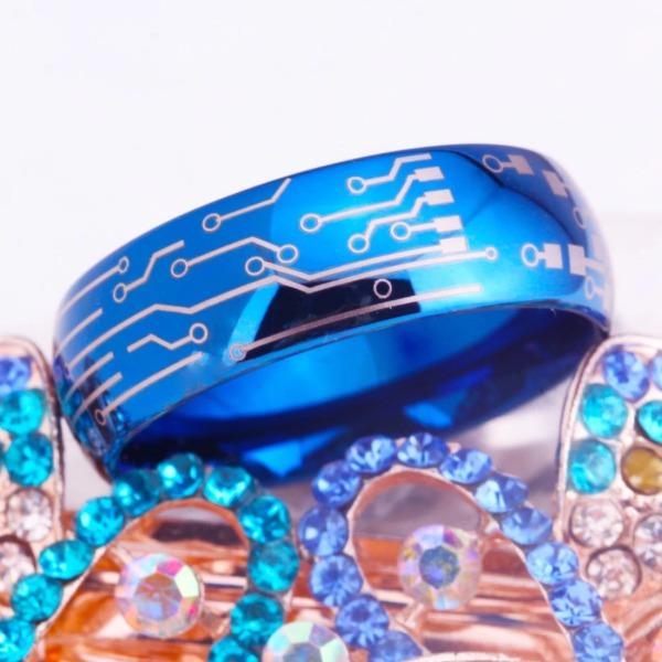 Blue Tungsten Circuit Board Couple Wedding Engagement Ring